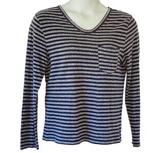 J. Lindeberg Women's Long Sleeve Tee Shirt V-Neck Navy and Grey Stripe  Size L